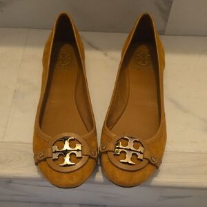 Tory Burch Caramel Suede Logo Ballet Flats